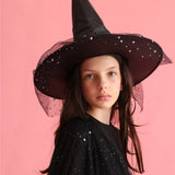 Siyah Yıldızlı Tül Detaylı Çocuk Halloween Cadı Şapkası