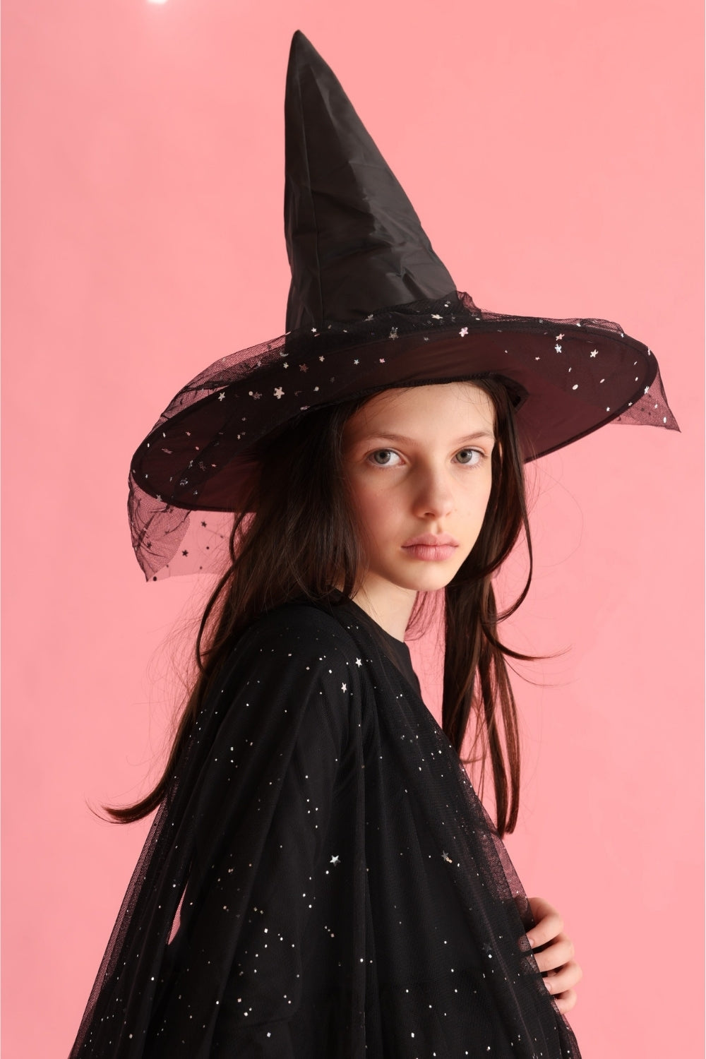 Siyah Yıldızlı Tül Detaylı Çocuk Halloween Cadı Şapkası