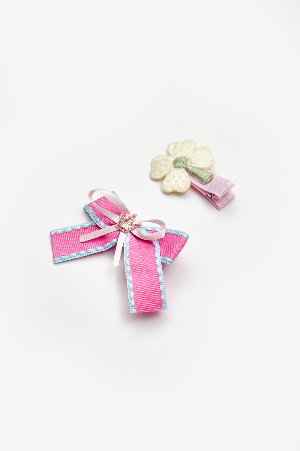 Pembe  Fiyonk ve Çiçek Figürlü Kız Çocuk 2'li Toka Set