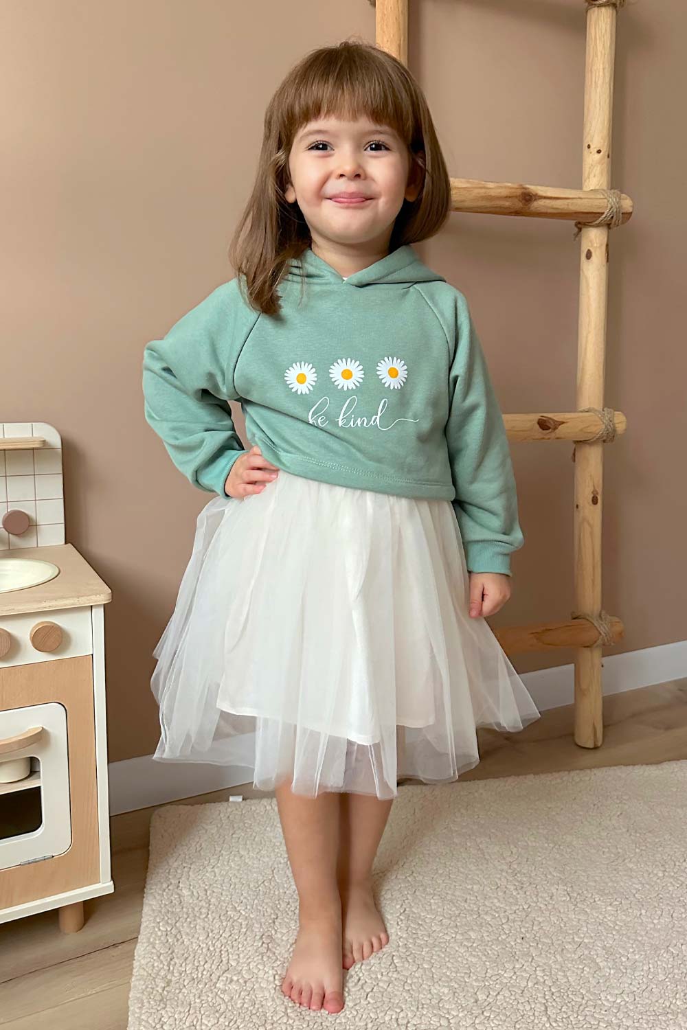 Mint Papatya Desenli Kapüşonlu Sweat Elbise Takım - Fleur