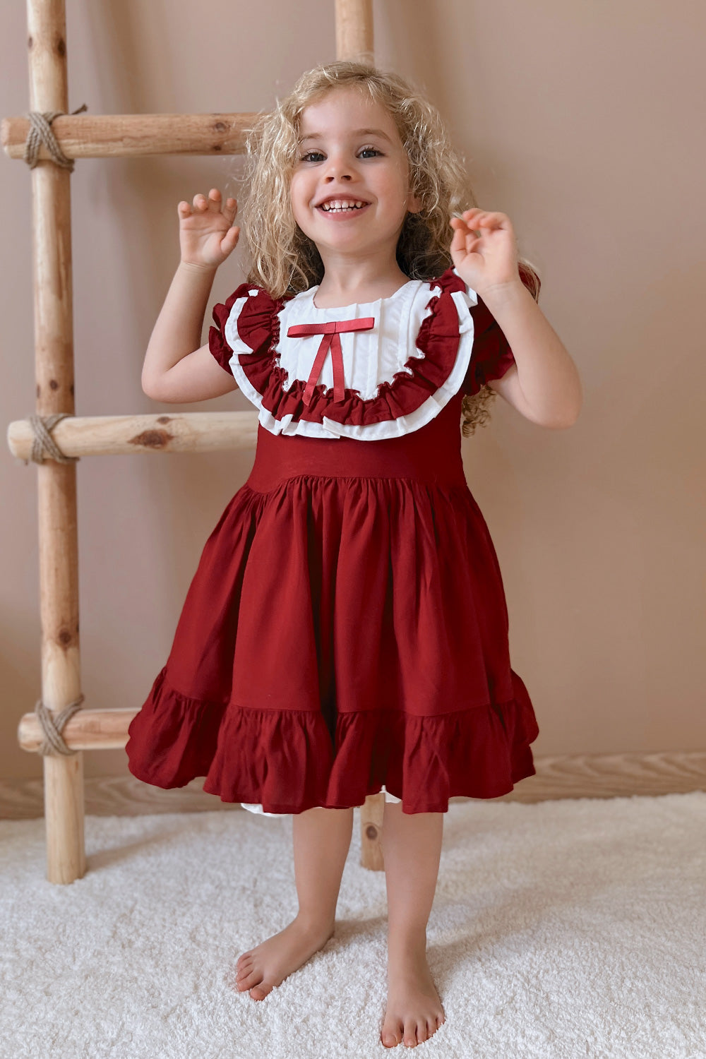 Bordo  Vintage Kısa Kollu Kız Çocuk Elbise - Mila