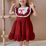 Bordo  Vintage Kısa Kollu Kız Çocuk Elbise - Mila