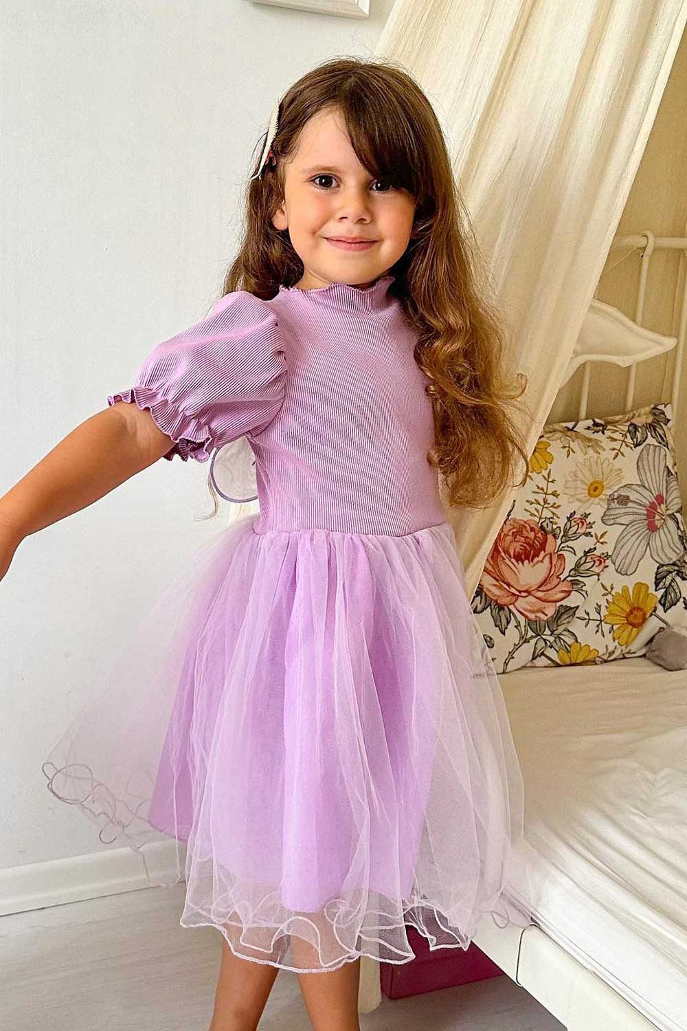 Lila Karpuz Kollu Kelebek Kanatlı Kız Çocuk Elbise - Angel