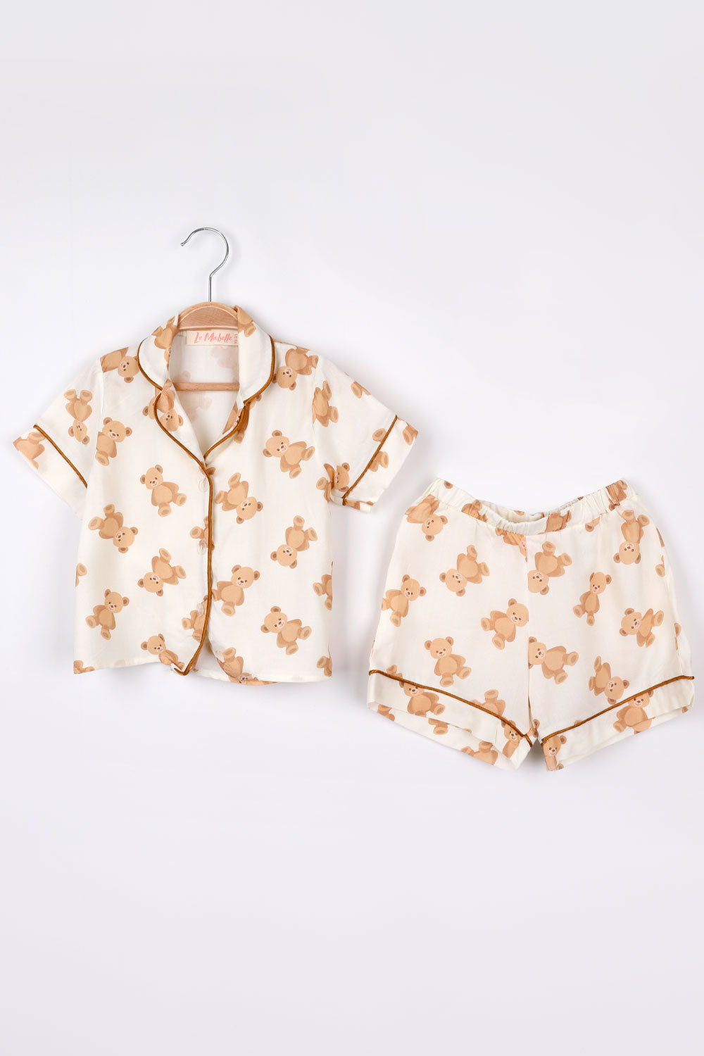 Ekru Ayıcık Desenli Biyeli Kız Çocuk Pijama Takımı