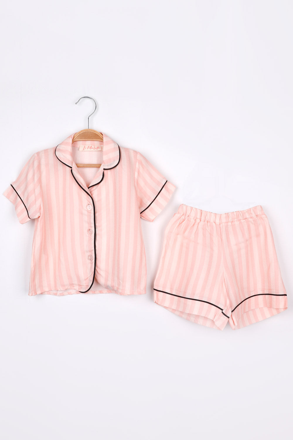 Pudra Çizgili Biyeli Kız Çocuk Pijama Takımı