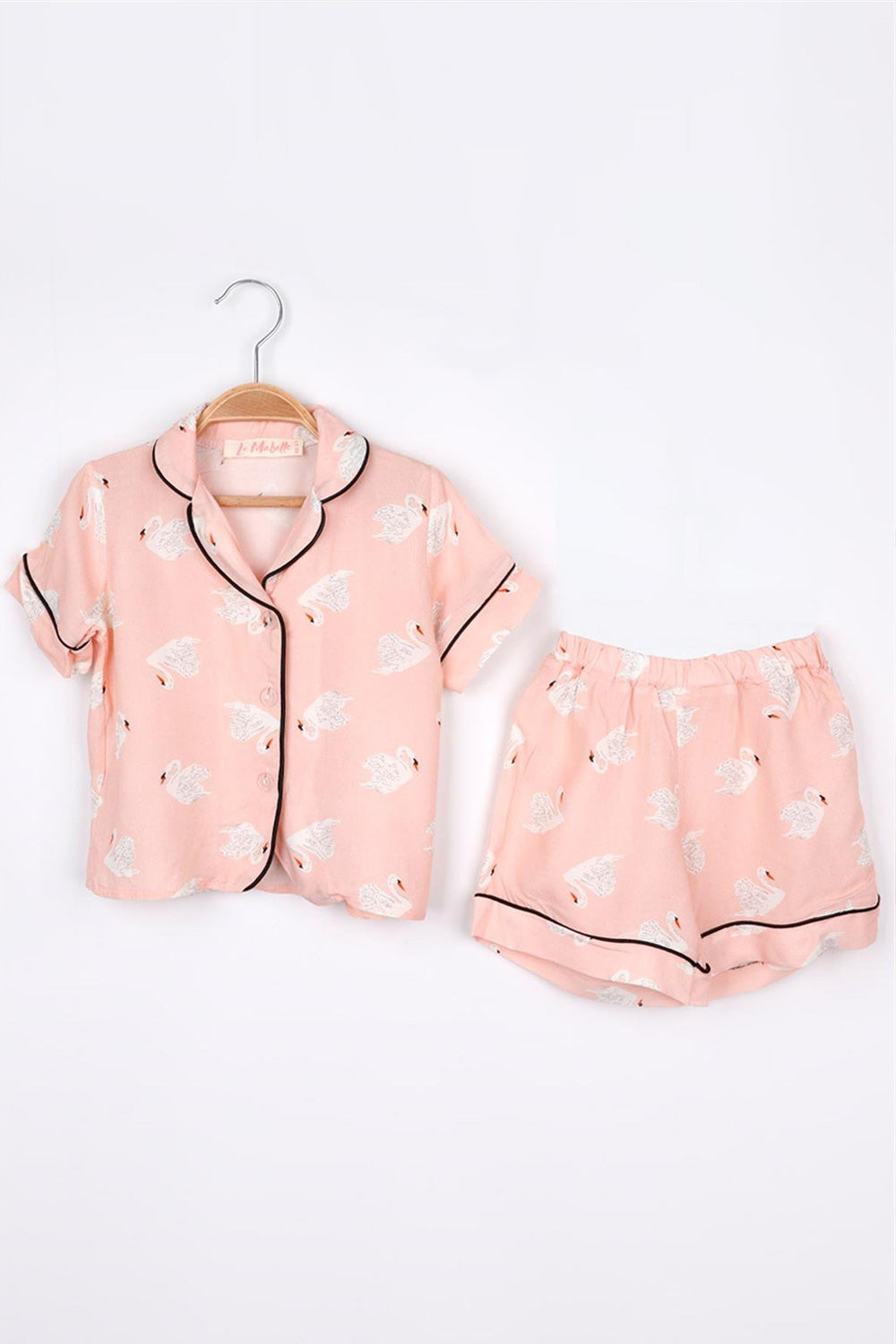 Yavruağzı Kuğu Desenli Biyeli Kız Çocuk Pijama Takımı