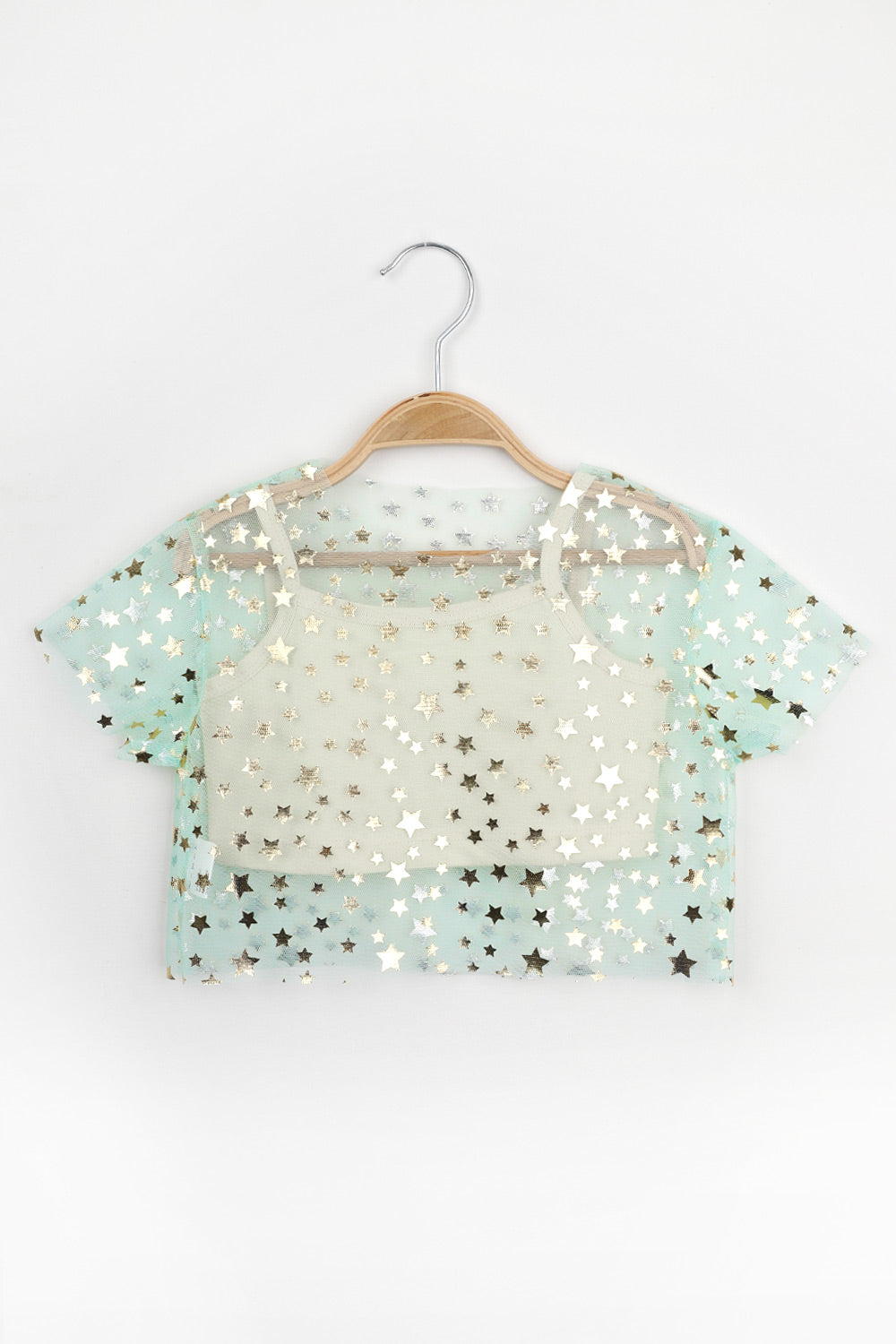 Mint Yıldız Baskılı Kız Çocuk Tül Crop