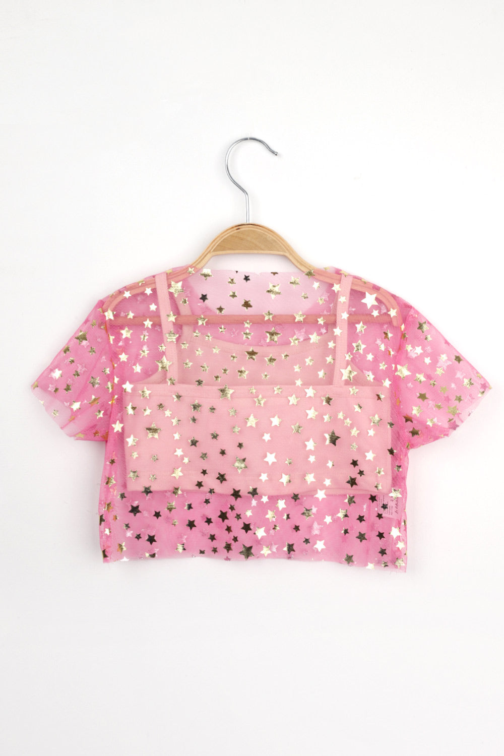 Pembe Yıldız Baskılı Kız Çocuk Tül Crop