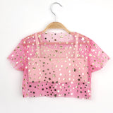 Pembe Yıldız Baskılı Kız Çocuk Tül Crop
