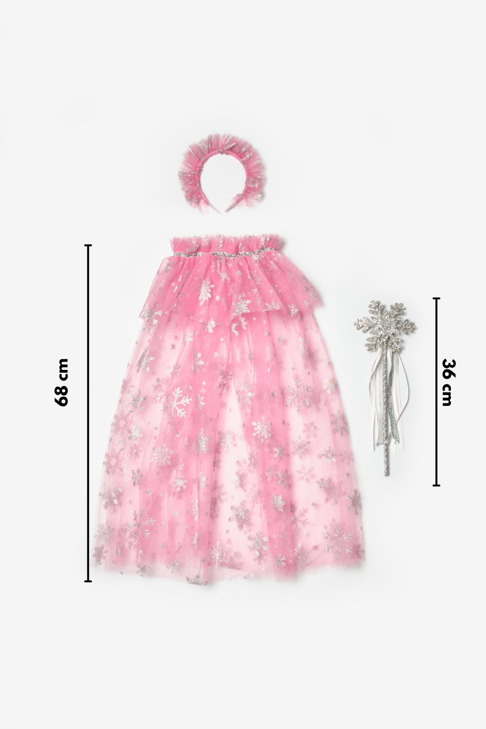 Pembe Kar Tanesi Baskılı Kız Çocuk Pelerin Asa Taç Set