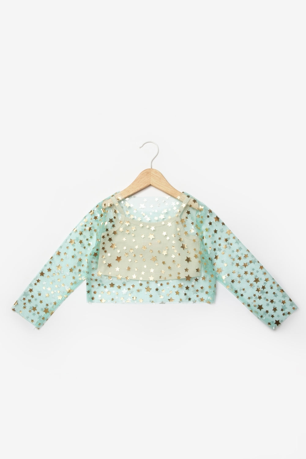 Mint Uzun Kollu Yıldızlı Kız Çocuk Tül Crop