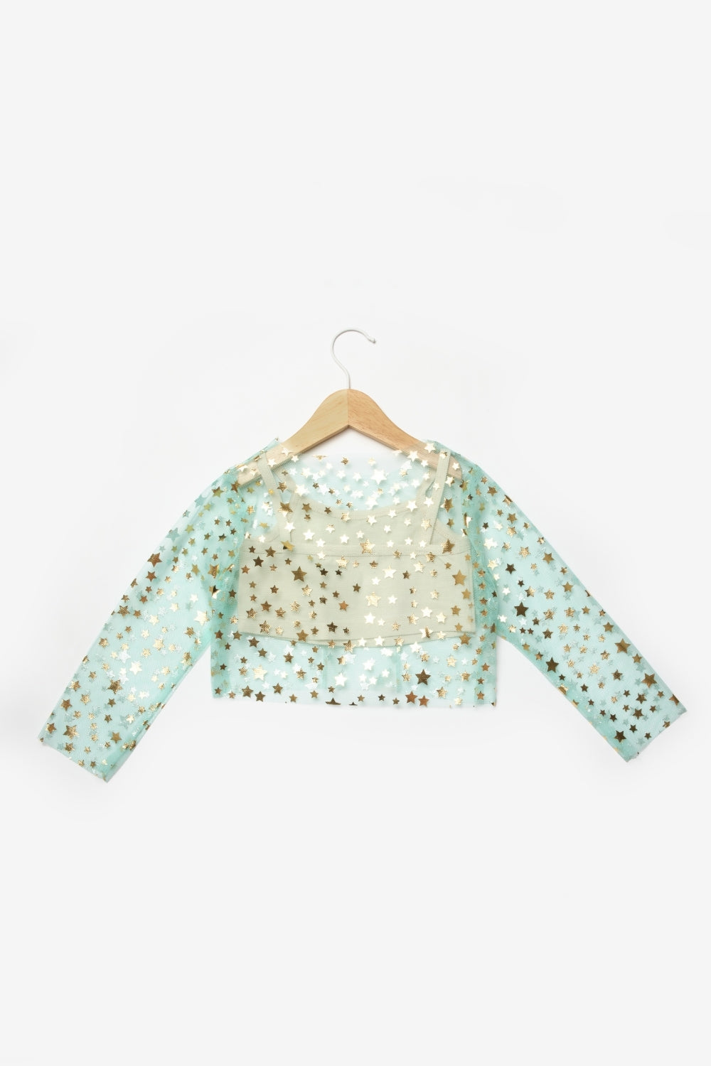 Mint Uzun Kollu Yıldızlı Kız Çocuk Tül Crop