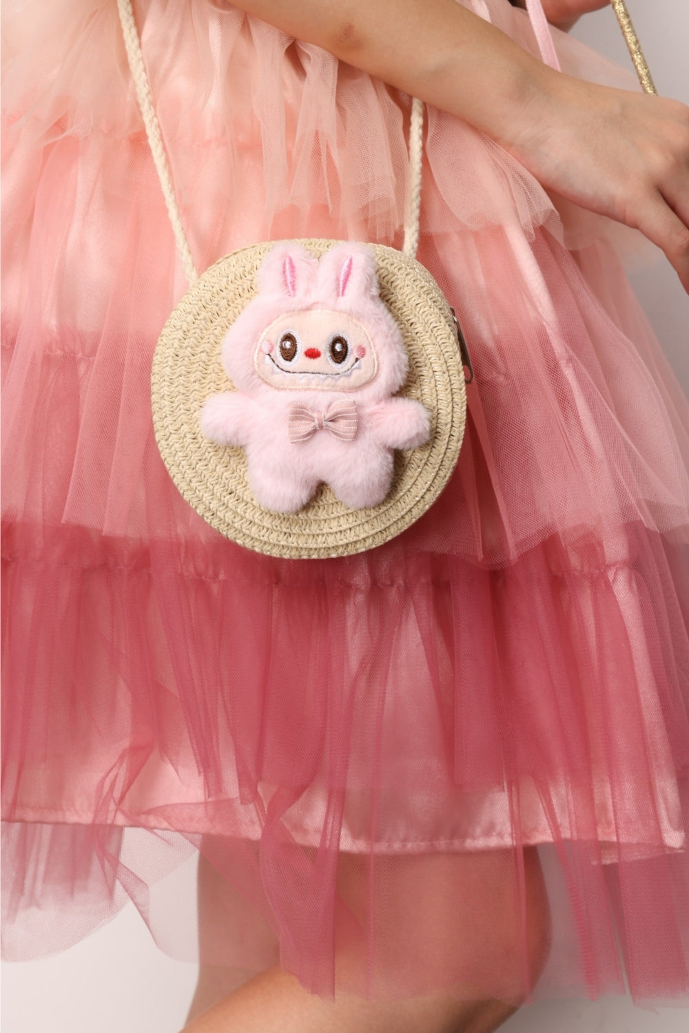 Pembe Oyuncak Figürlü Kız Çocuk Hasır Çanta