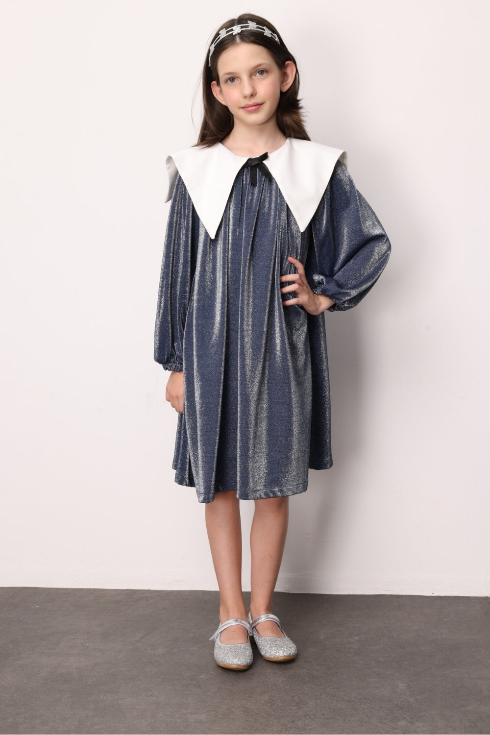 Lacivert  Uzun Kollu Yaka Detaylı Simli Kız Çocuk Elbise - Maya