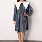 Lacivert  Uzun Kollu Yaka Detaylı Simli Kız Çocuk Elbise - Maya