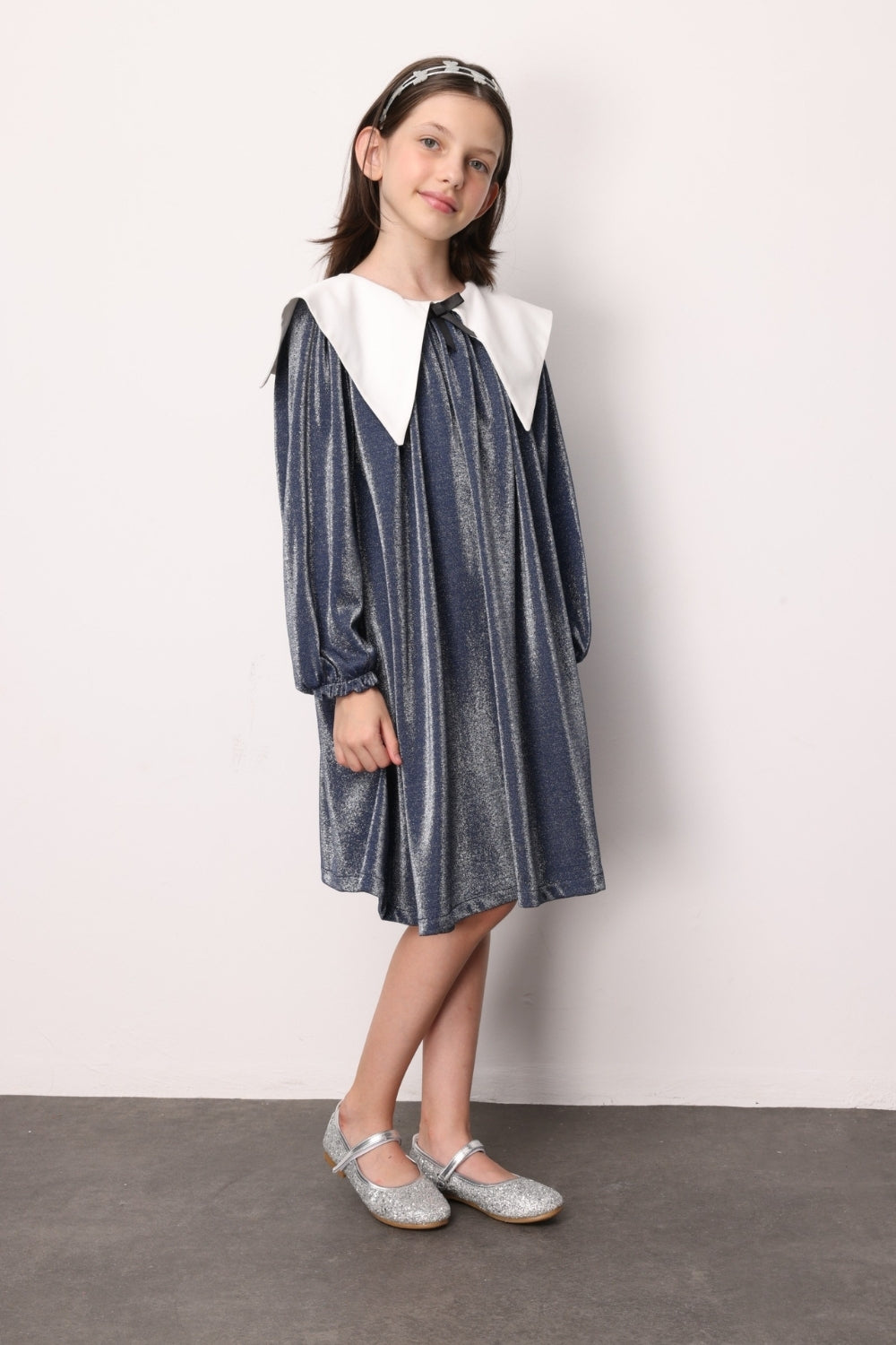 Lacivert  Uzun Kollu Yaka Detaylı Simli Kız Çocuk Elbise - Maya