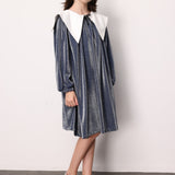 Lacivert  Uzun Kollu Yaka Detaylı Simli Kız Çocuk Elbise - Maya