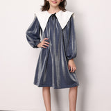 Lacivert  Uzun Kollu Yaka Detaylı Simli Kız Çocuk Elbise - Maya