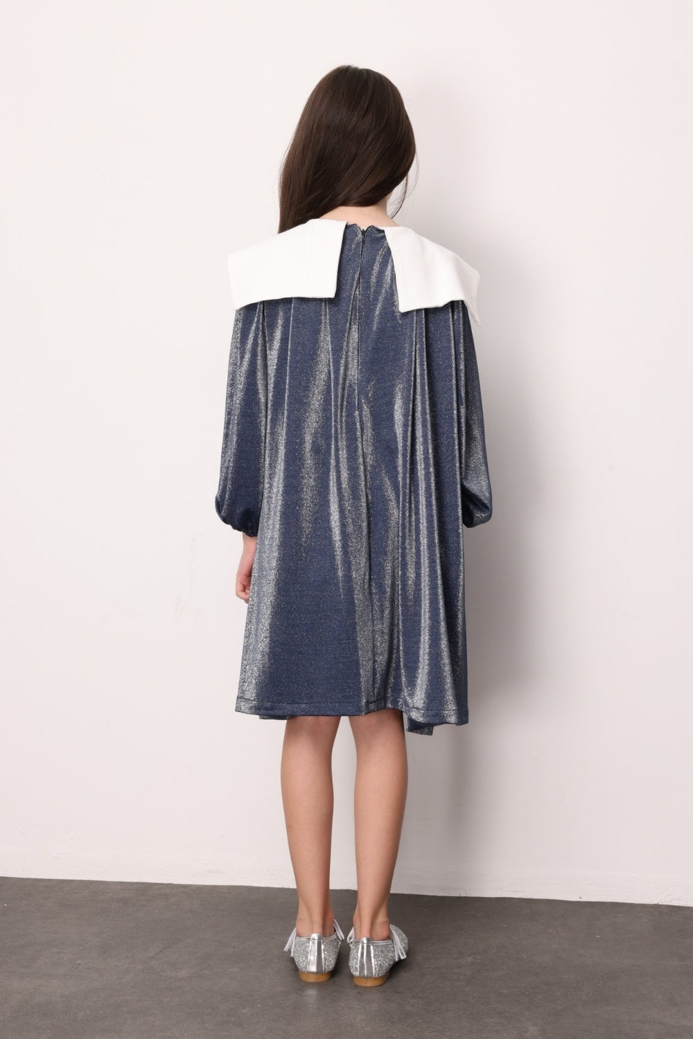 Lacivert  Uzun Kollu Yaka Detaylı Simli Kız Çocuk Elbise - Maya