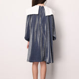 Lacivert  Uzun Kollu Yaka Detaylı Simli Kız Çocuk Elbise - Maya