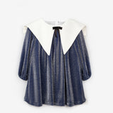 Lacivert  Uzun Kollu Yaka Detaylı Simli Kız Çocuk Elbise - Maya