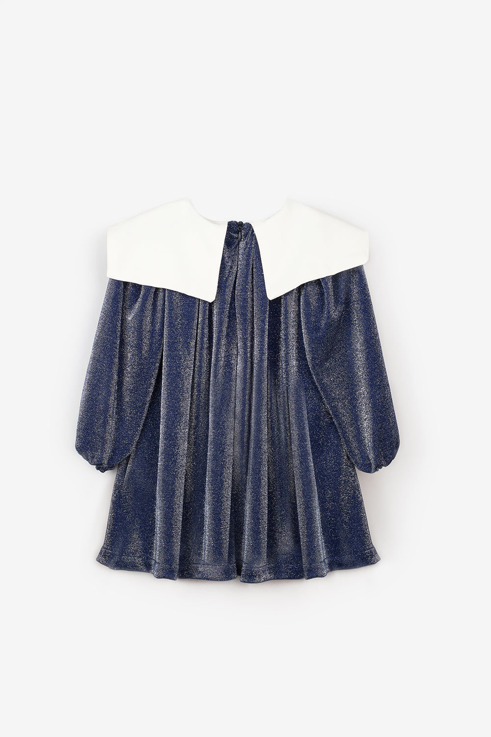 Lacivert  Uzun Kollu Yaka Detaylı Simli Kız Çocuk Elbise - Maya