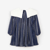 Lacivert  Uzun Kollu Yaka Detaylı Simli Kız Çocuk Elbise - Maya