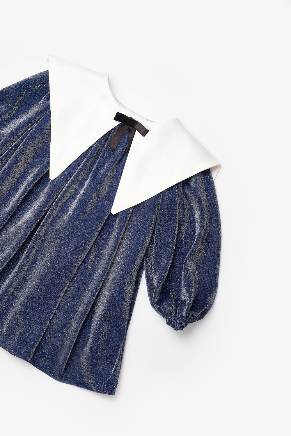 Lacivert  Uzun Kollu Yaka Detaylı Simli Kız Çocuk Elbise - Maya