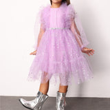 Lila  Omzu Fırfır Detaylı Yıldızlı Kız Çocuk Elbise - Stella