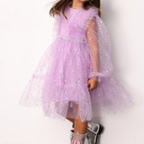 Lila  Omzu Fırfır Detaylı Yıldızlı Kız Çocuk Elbise - Stella