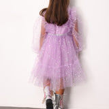 Lila  Omzu Fırfır Detaylı Yıldızlı Kız Çocuk Elbise - Stella