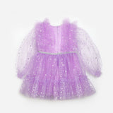 Lila  Omzu Fırfır Detaylı Yıldızlı Kız Çocuk Elbise - Stella