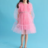 Pembe  Omzu Fırfır Detaylı Yıldızlı Kız Çocuk Elbise - Stella