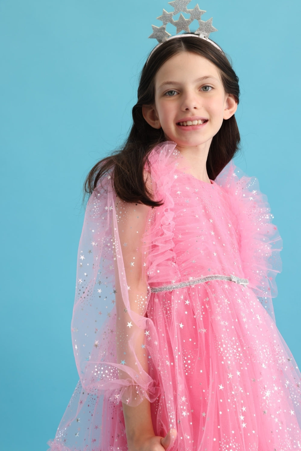 Pembe  Omzu Fırfır Detaylı Yıldızlı Kız Çocuk Elbise - Stella