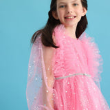 Pembe  Omzu Fırfır Detaylı Yıldızlı Kız Çocuk Elbise - Stella
