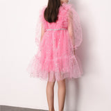 Pembe  Omzu Fırfır Detaylı Yıldızlı Kız Çocuk Elbise - Stella