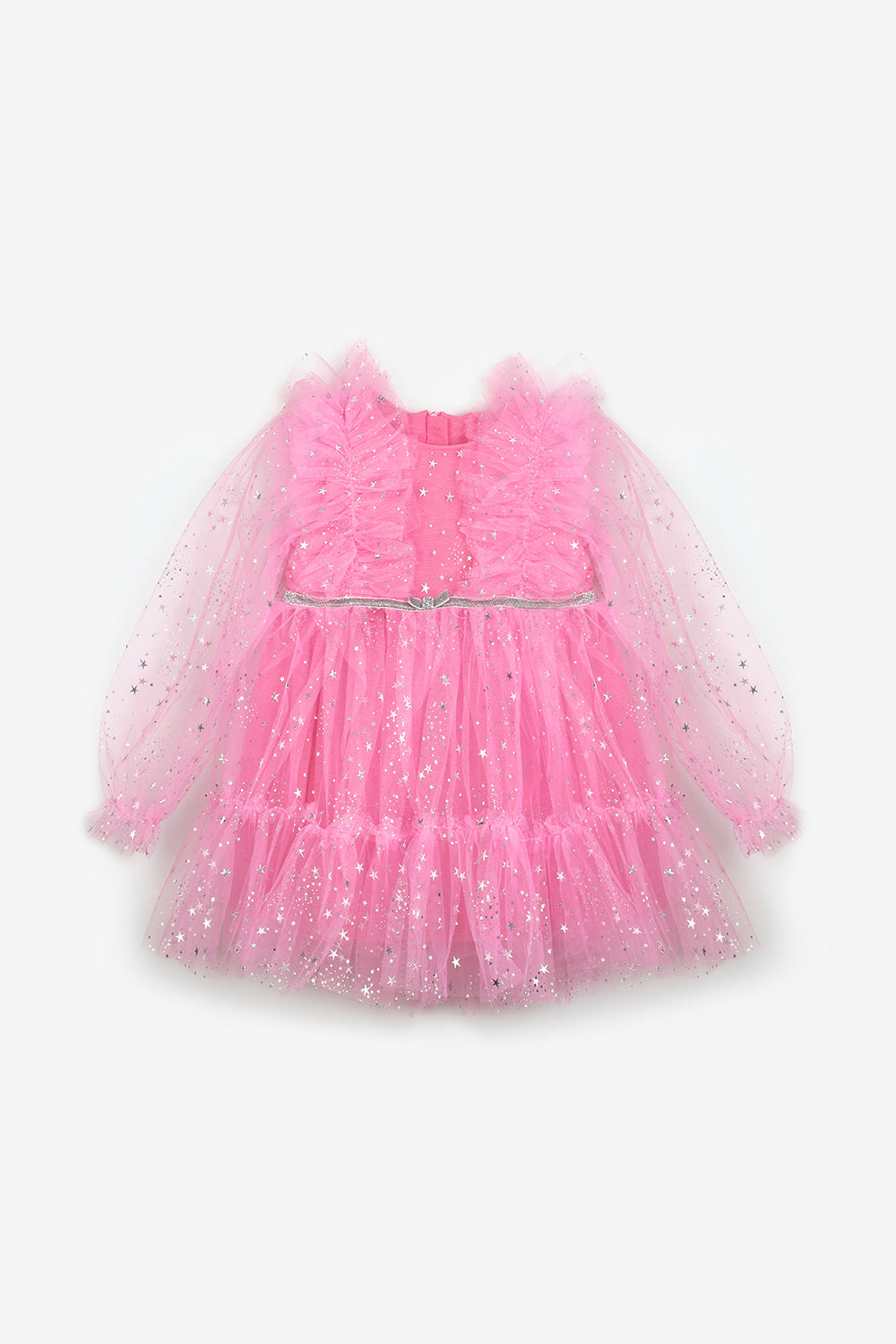 Pembe  Omzu Fırfır Detaylı Yıldızlı Kız Çocuk Elbise - Stella