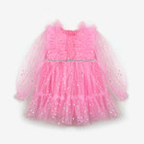 Pembe  Omzu Fırfır Detaylı Yıldızlı Kız Çocuk Elbise - Stella