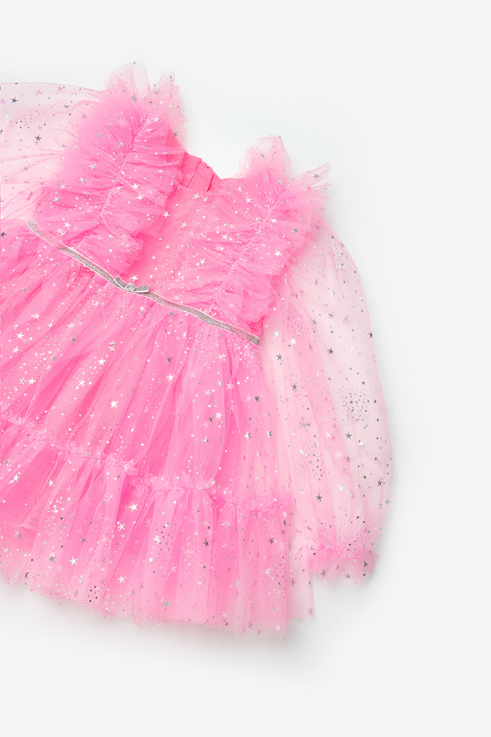 Pembe  Omzu Fırfır Detaylı Yıldızlı Kız Çocuk Elbise - Stella