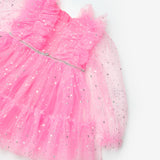 Pembe  Omzu Fırfır Detaylı Yıldızlı Kız Çocuk Elbise - Stella