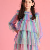 Çok Renkli  Varak Yıldız Baskılı Katlı Kız Çocuk Elbise - Chloe