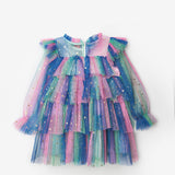 Çok Renkli  Varak Yıldız Baskılı Katlı Kız Çocuk Elbise - Chloe