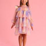 Sarı  Varak Yıldız Baskılı Katlı Kız Çocuk Elbise - Chloe