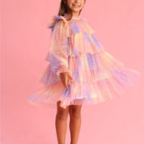 Sarı  Varak Yıldız Baskılı Katlı Kız Çocuk Elbise - Chloe