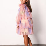 Sarı  Varak Yıldız Baskılı Katlı Kız Çocuk Elbise - Chloe