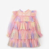 Sarı  Varak Yıldız Baskılı Katlı Kız Çocuk Elbise - Chloe