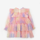 Sarı  Varak Yıldız Baskılı Katlı Kız Çocuk Elbise - Chloe