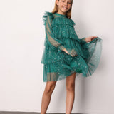 Yeşil  Varak Yıldız Baskılı Katlı Kız Çocuk Elbise - Chloe