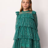 Yeşil  Varak Yıldız Baskılı Katlı Kız Çocuk Elbise - Chloe