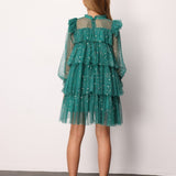 Yeşil  Varak Yıldız Baskılı Katlı Kız Çocuk Elbise - Chloe